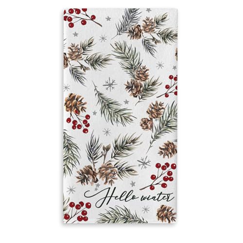 Hello Winter Pine Cone Needle Kitchen Dish Towel - Red Berry Pine - Rustic Farmhouse Decor