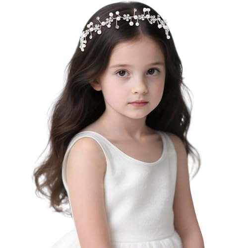 TIOSRU Silver Flower Girl Headpiece, Crystal Wedding Headband & Hair Vine