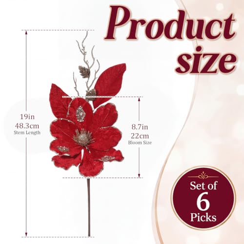 Christmas Magnolia Flower Picks Burgundy 6 Pcs 19-Inch Holiday Decor