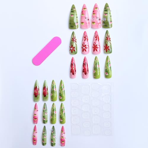 Press on Nails Medium Almond French Tip 3D Flowers 24pcs