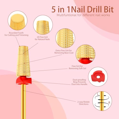 SQULIGT 5-in-1 Tungsten Carbide Nail Drill Bit - Fine Golden Tapered Efile Bit