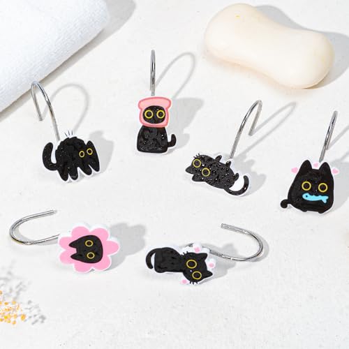 MALLMALL6 12-Piece Black Cat Shower Curtain Hooks - Rustproof Decorative Rings