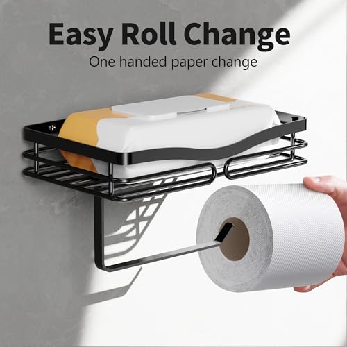 YIGII Wall-Mounted Toilet Paper Holder with Shelf - Matte Black