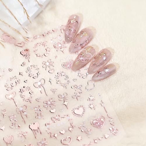 5D Embossed Valentine Nail Stickers Rose Gold Heart Bow Decals