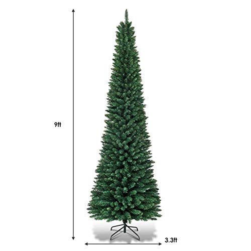 9ft Artificial Pencil Christmas Tree - Premium Hinged Pine with Solid Metal Legs - Green