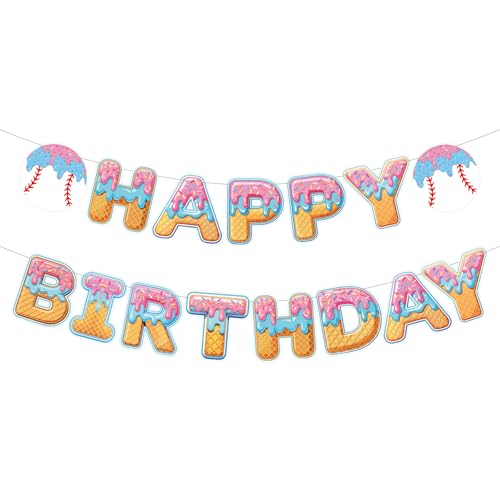 Baseball Ice Cream Drip Happy Birthday Banner - DIY Party Decor