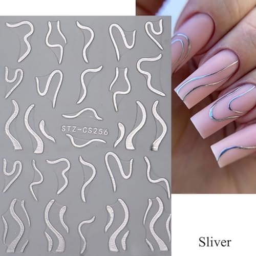 BYJKYEN French Tip Nail Stickers Gold Silver Wave Line Art Decals 6 Sheets