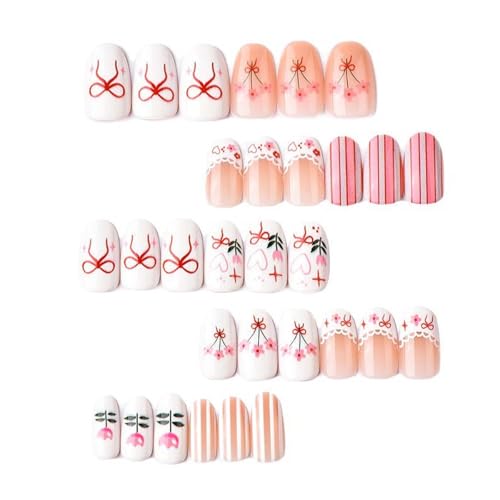 Short Almond French Tip Press On Nails with Heart and Bow Designs, 24Pcs
