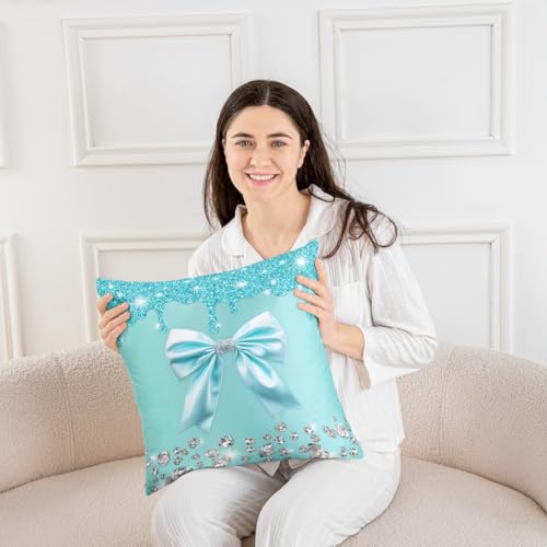 Erosebridal Teal Bowknot Throw Pillow Covers, 18x18 Inch Square Set of 2