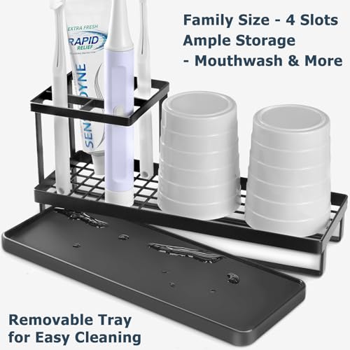 Metal Toothbrush Holder with Drainage - 4 Slot Bathroom Organizer