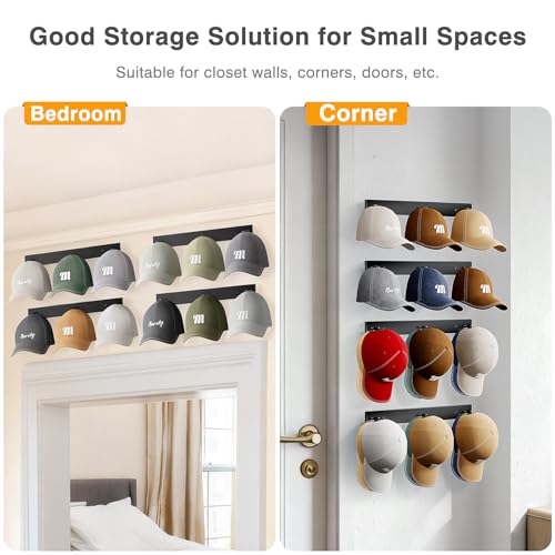 MISSLO Black Hat Rack for Wall - 4 Pack Baseball Cap Organizer