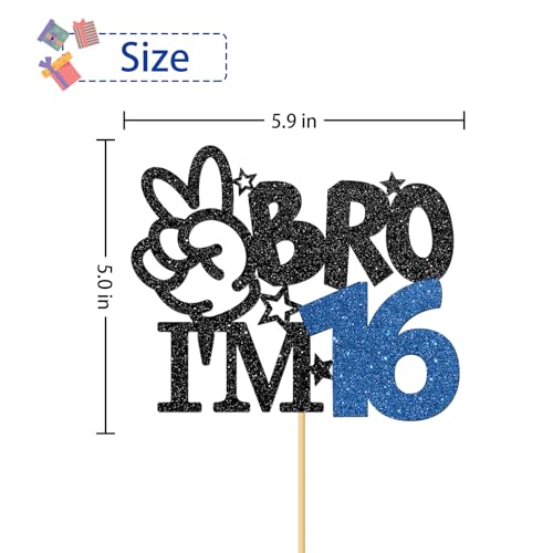 Bro I'm 16 Cake Topper - Black Glitter 16th Birthday Party Supplies