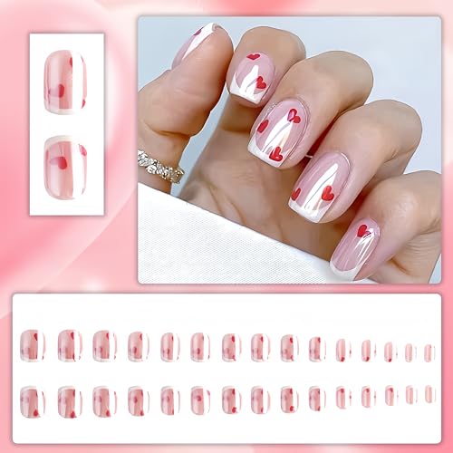 Valentine Press on Nails Short Square French Heart Fake Nails Acrylic
