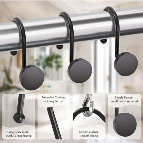 AmazerBath Modern Black Shower Curtain Hooks - Heavy Duty, Rust Proof, 12 Pcs