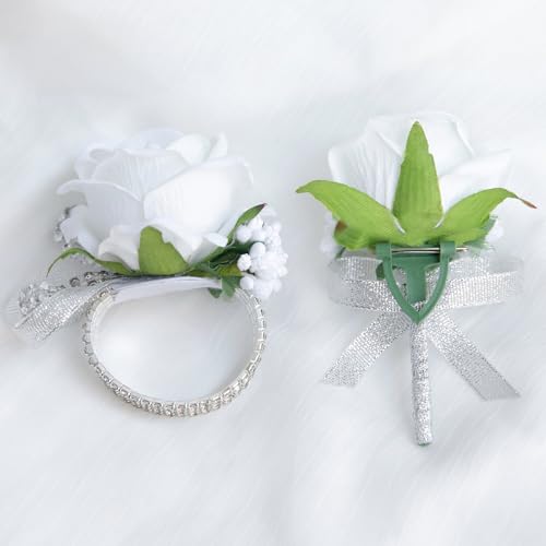 Artificial White Rose Corsage and Boutonniere Set for Wedding Prom