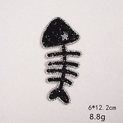 Minason Black Crystal Bling Cat and Fish Bone Sequin Iron-On Patch