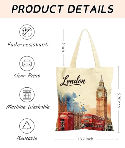 Lednica London Ocean Canvas Tote Bag with Inner Pockets & Metal Snap - Womens Reusable Vacation Travel Shopping Bag