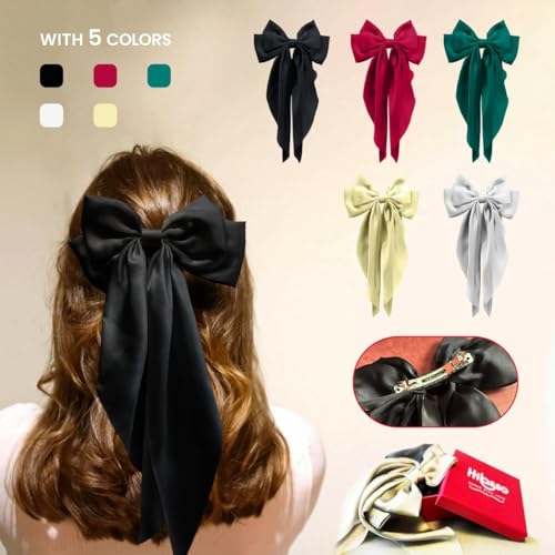 Hibasso Satin Black Hair Bow Clips Set - 2 Pcs Large Hair Bows for Women