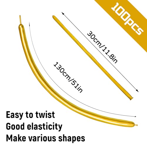 Gold Metallic Long Balloons for Balloon Animals and Decorations - 100Pcs