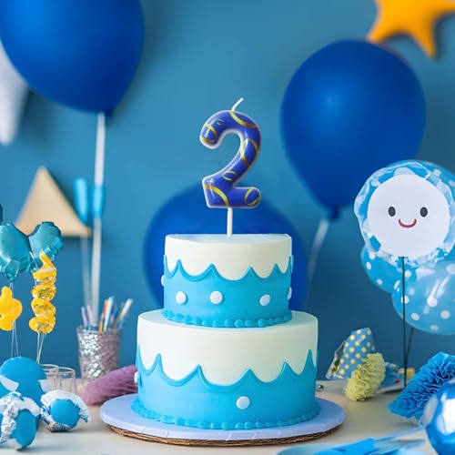 Blue Golden Numeral Birthday Cake Candle 2, Cupcake Decor