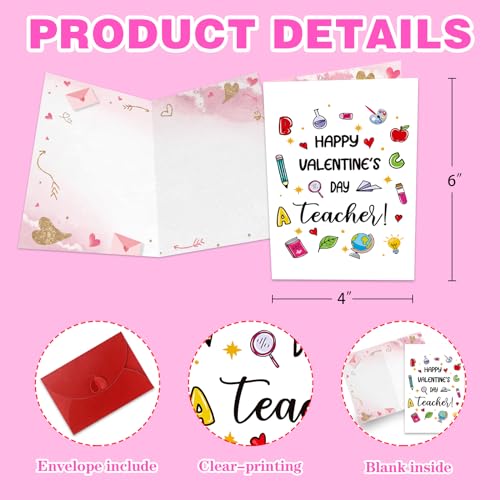 Teacher Valentine's Day Cards with Envelopes - 4x6 Inches