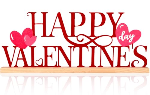 Happy Valentine's Day Metal Sign with Wooden Base - Romantic Decor