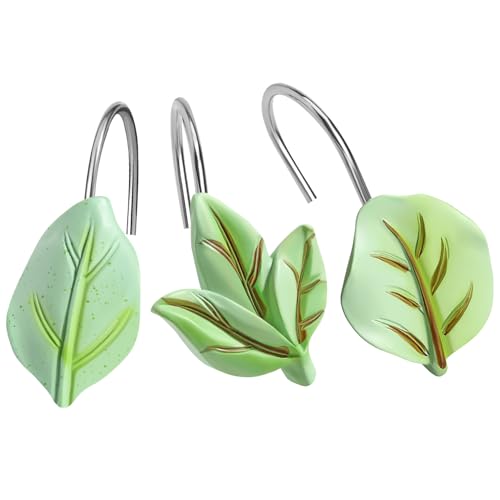 EleCharm Leaf A 12PCS Green Plant Shower Curtain Hooks - Rustproof Stainless Steel