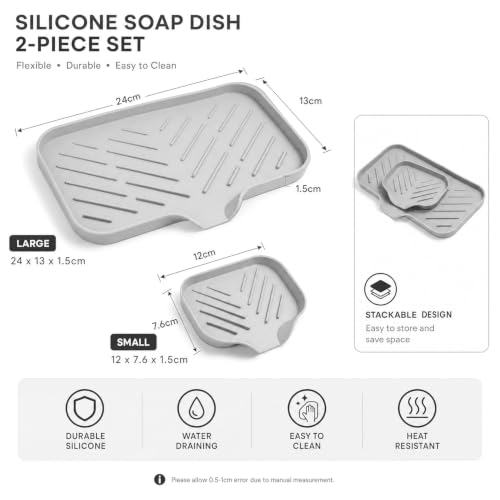 Grey Silicone Soap Dish Set - Self-Draining Kitchen & Bathroom Organizer