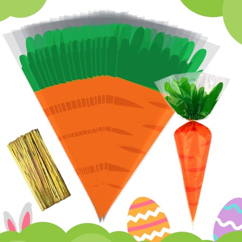 Easter Carrot Cone Cellophane Bags with Twist Ties 100 Pcs