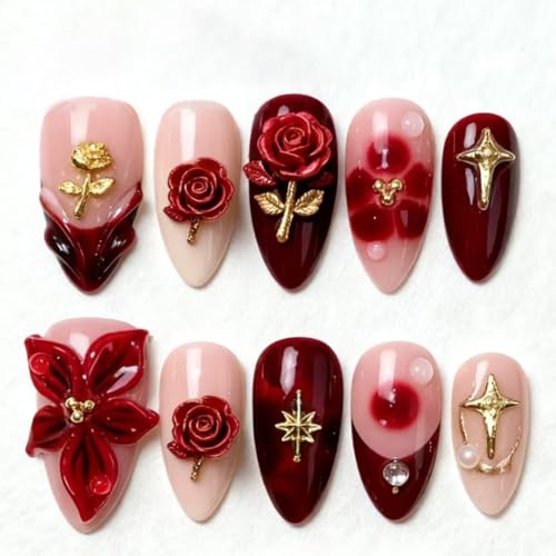 Valentines Press On Nails Medium Almond False Nails Rose Design 30Pcs