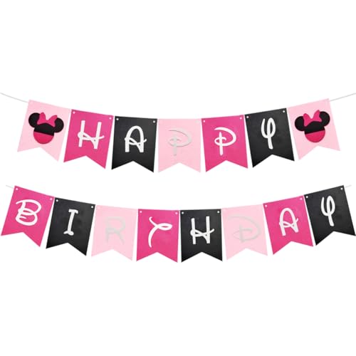 Pink Happy Birthday Banner - Pre-strung Felt Mouse Ear Party Decoration