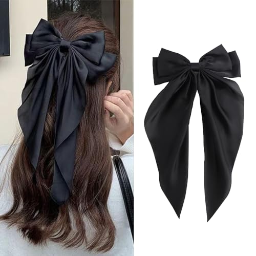 Silky Satin Oversized Long-Tail Hair Bow Clip for Women and Girls