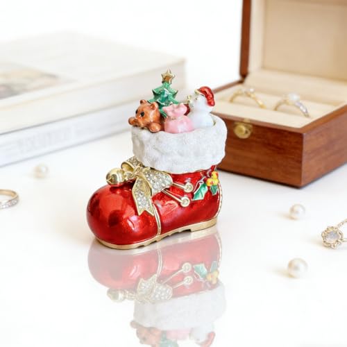 Hand Painted Enamel Santa Boots Trinket Box - Christmas Jewelry Storage - Red Variation