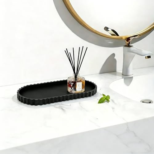 KULEDM Black Oval Silicone Vanity Tray with Wavy Edge, 12-inch Organizer