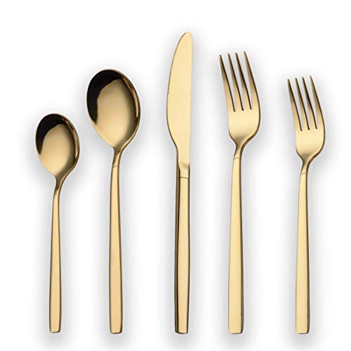 Titanium Gold Flatware Set - 20 Piece Service for 4, Golden Silverware Set with Dinner & Tea Utensils