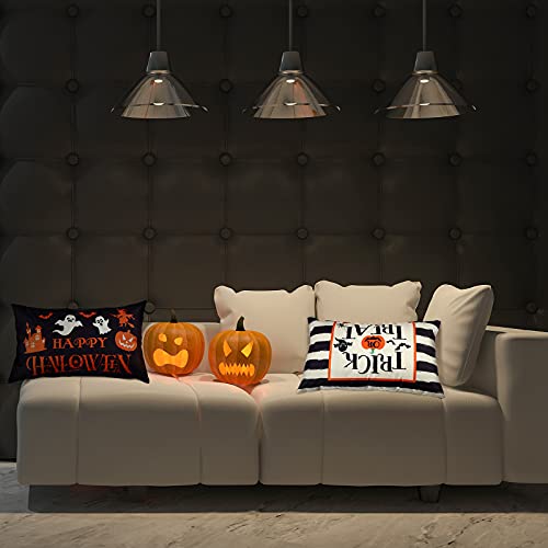 Halloween Throw Pillow Covers 12x20 - Set of 2 Ghost & Pumpkin Linen Cases