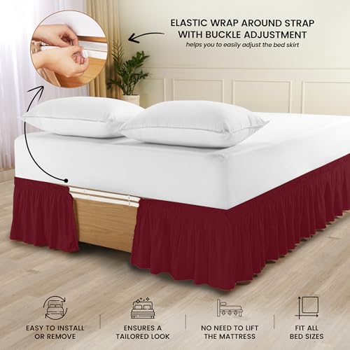 Wrap Around Queen Bed Skirt - Burgundy, 16 Inch Drop, Easy Fit
