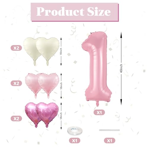 40-Inch Pink Number 1 Balloon Set with Heart Balloons for 1st Birthday