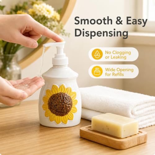 GABROC Ceramic Sunflower Soap Dispenser – Decorative 3D Floral Lotion Bottle