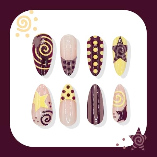 ZIFANHU Medium Almond Press on Nails Purple Brown French False Nail Kit