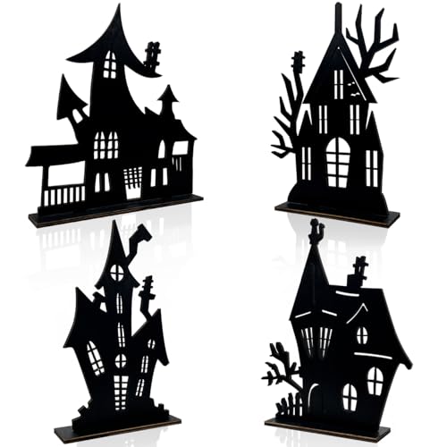 Halloween Haunted House Table Decorations - 4 Wooden Signs