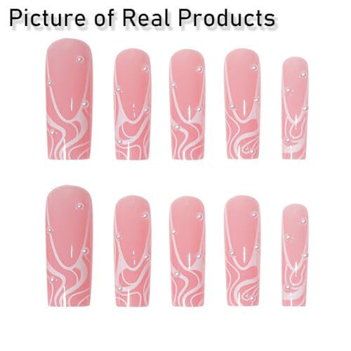 Extra Long Square Pink Press on Nails with Pearl and Line Designs 24Pcs