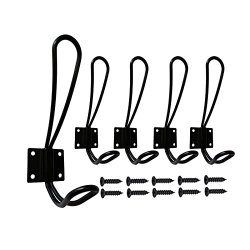 Heavy Duty Double Prong Wall Hooks - 5 Pack Black Rustic Coat Hooks