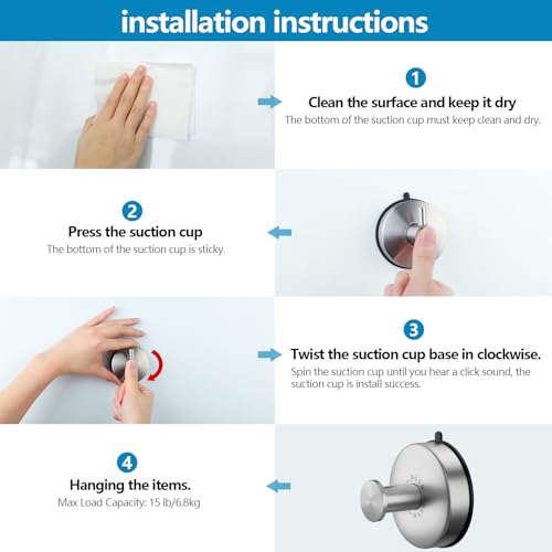 DGYB 2 Pack Brushed Nickel Suction Cup Hooks for Bathroom - Removable Wall Mount Towel & Robe Hooks