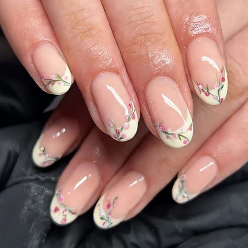 Short Almond French Tip Press on Nails with Pink Floral Design
