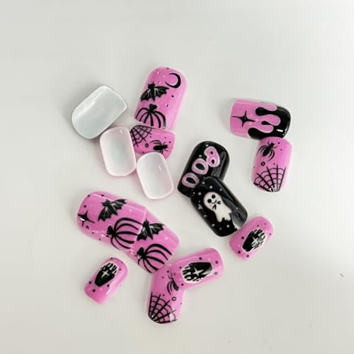 Halloween Press on Nails Square Glossy False Nails with Ghost and Spider Web Designs, 24Pcs