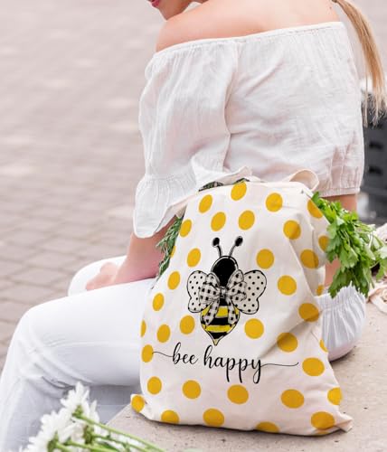 Bee Happy Canvas Tote Bag - Inspirational Reusable Grocery Bag