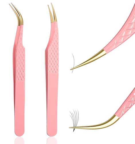 Lash Extension Tweezers Set - 2PCS Stainless Steel Precision Curved Eyelash Tweezers for Salon & Home