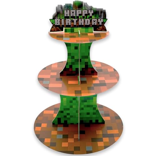 Pixe l Style 3-Tier Cupcake Stand for Gamer & Adventure Party, Kids Birthday Decoration - XCX PIXEL