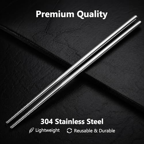 Maclia 6 Pairs Silver Reusable Stainless Steel Chopsticks - Food Grade, Non-Slip, Durable